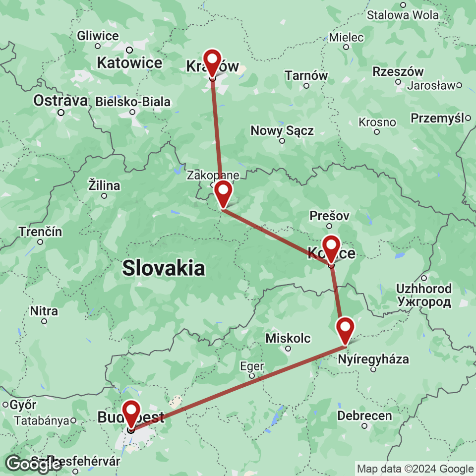 Route for Budapest, Tokaj, Kosice, High Tatras, Krakow tour